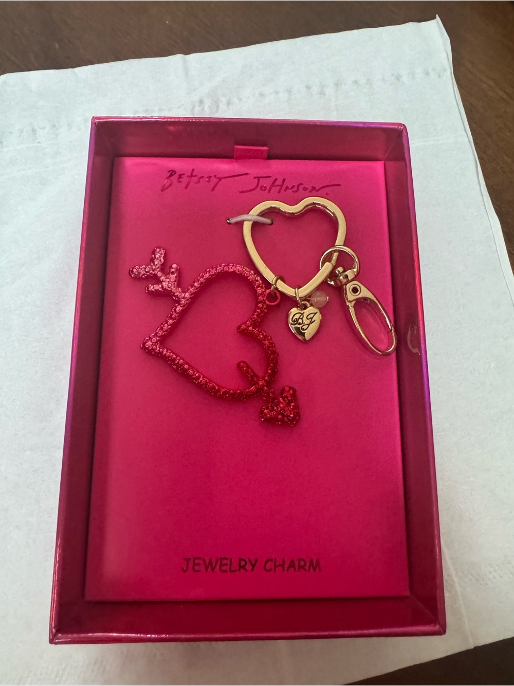 Betsey Johnson Red Heart Rhinestone Keychain Bag Charm New in Box